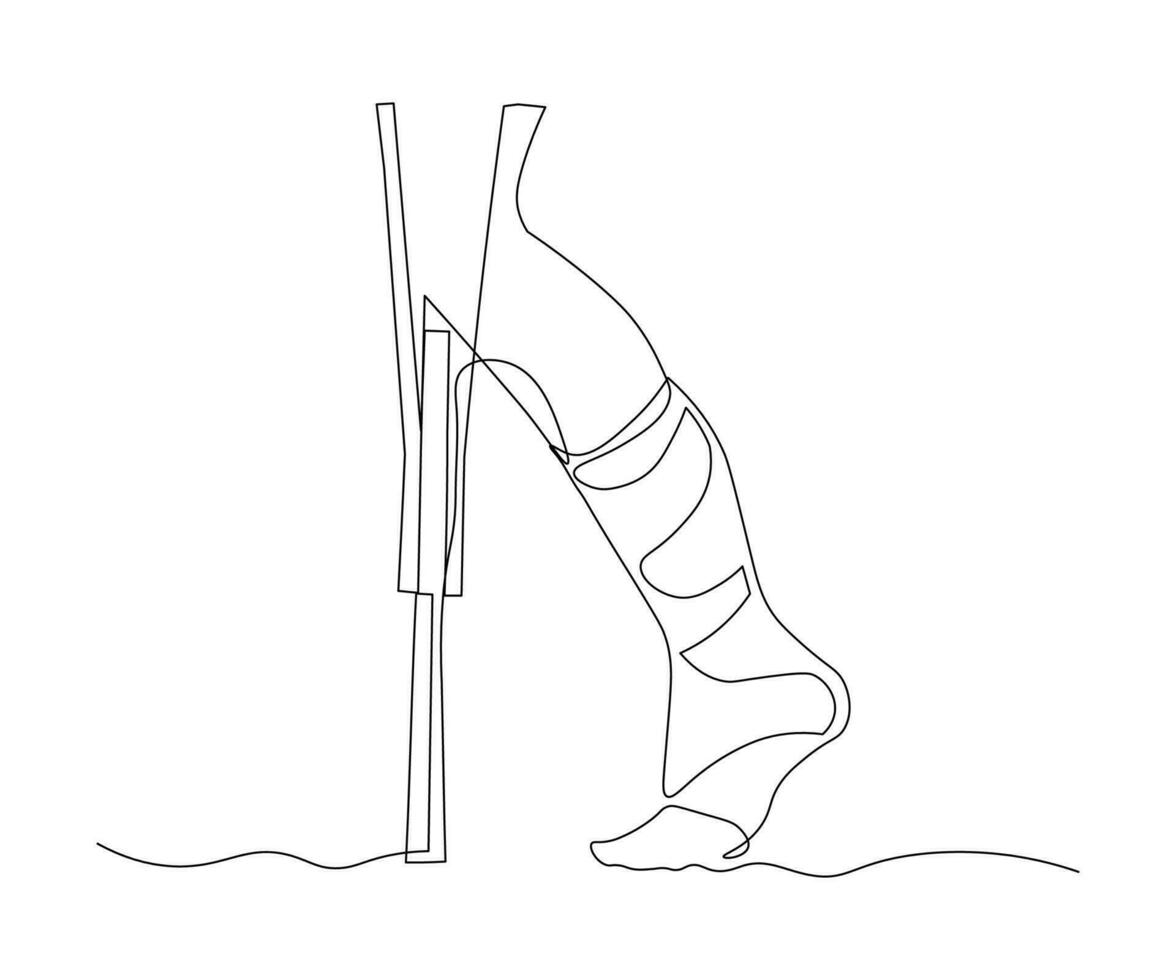 Abstract sick leg, foot in a cast,gypsum on a crutch. Continuous drawing in one line vector