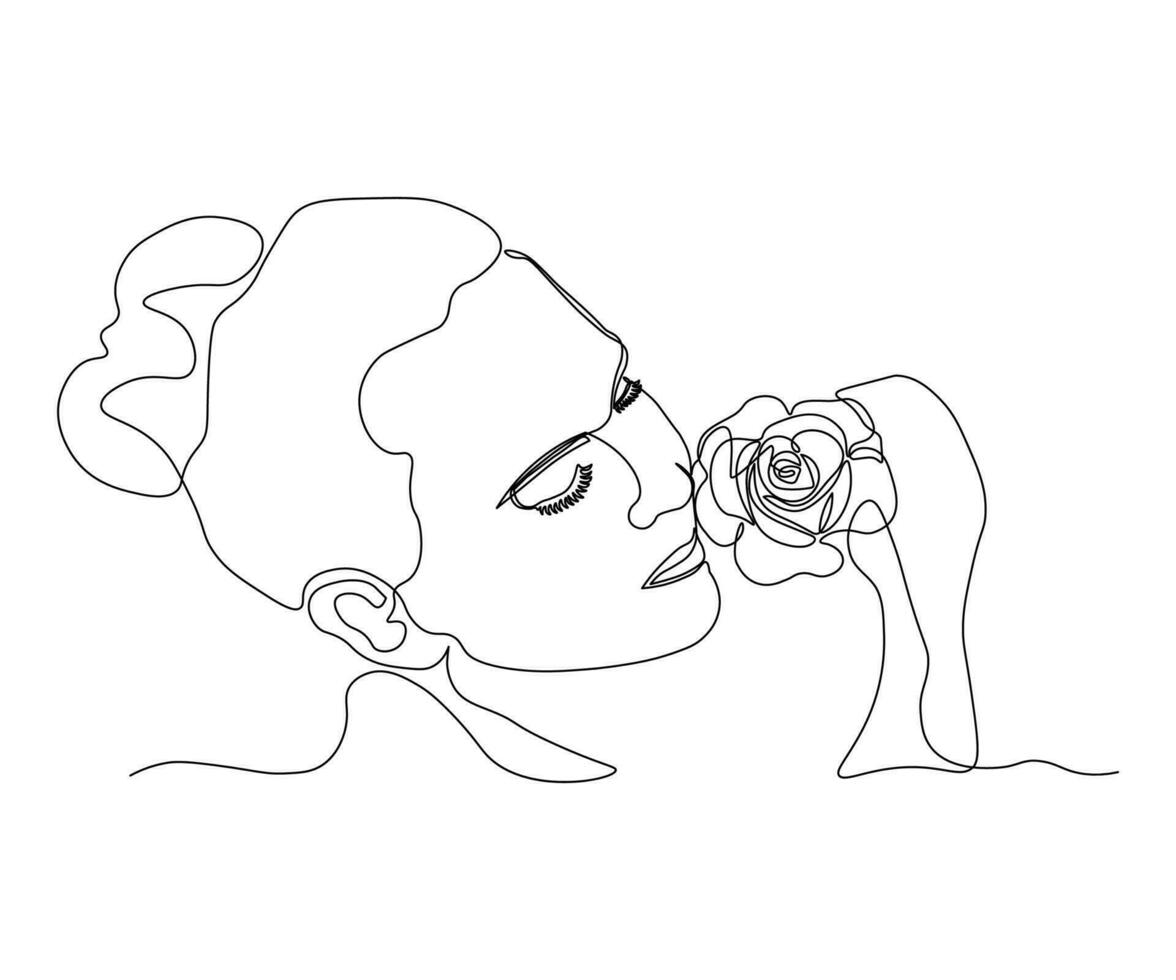 Abstract portrait of a girl with closed eyes who is sniffing a flower. Continuous drawing in one line vector