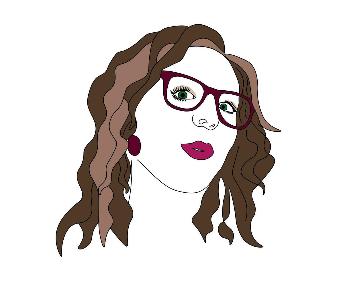 portrait of a girl with brown hair in one line with an open mouth and glasses vector