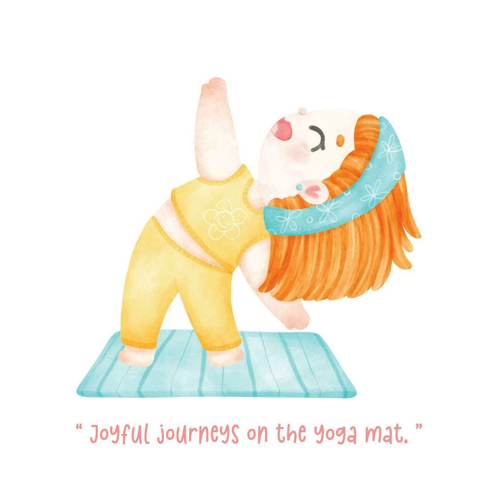 Cute happy Kid girl Doing Yoga pose in Pastel Watercolor whimsical Cartoon Illustration. A charming hand drawn cartoon of a kid practicing yoga exercises. vector