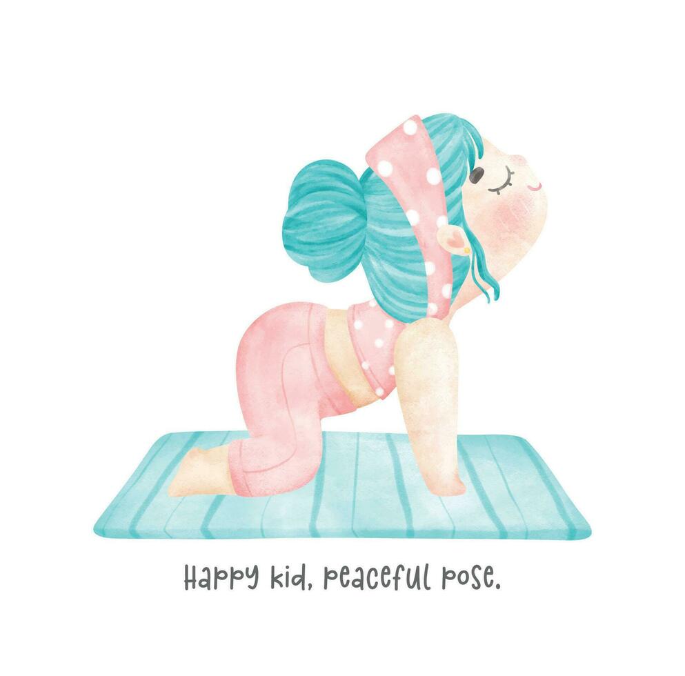 Cute happy Kid girl Doing Yoga cow pose in Pastel Watercolor whimsical Cartoon Illustration. A charming hand drawn cartoon of a kid practicing yoga exercises. vector