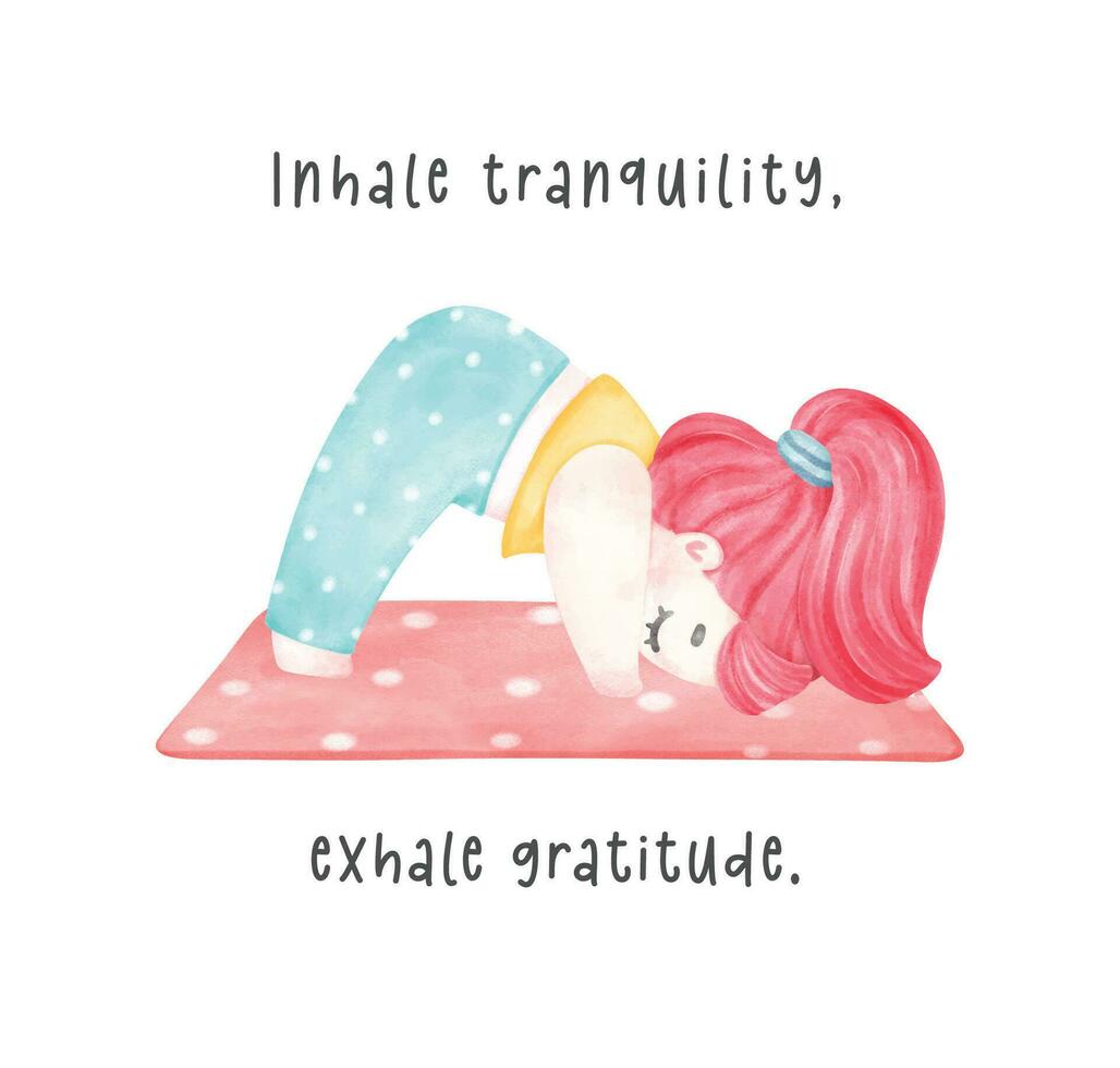 A cute young girl practices downward dog yoga pose in this vibrant pastel watercolor illustration. Embrace balance, harmony, and wellness with this artistic depiction of relaxation, meditation, vector
