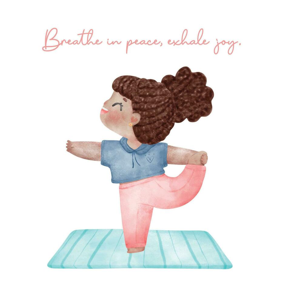 A cute young girl practices flamingo yoga pose in this vibrant pastel watercolor illustration. Embrace balance, harmony, and wellness with this artistic depiction of relaxation, meditation vector