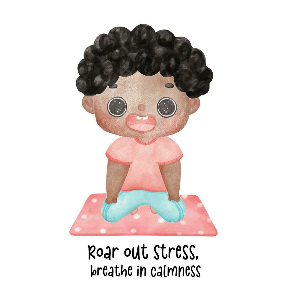 A cheerful and vibrant watercolor cartoon of a cute boy doing a lion breath yoga pose. Perfect for yoga lovers, fitness enthusiasts, and anyone who enjoys colorful and inspiring artwork. vector