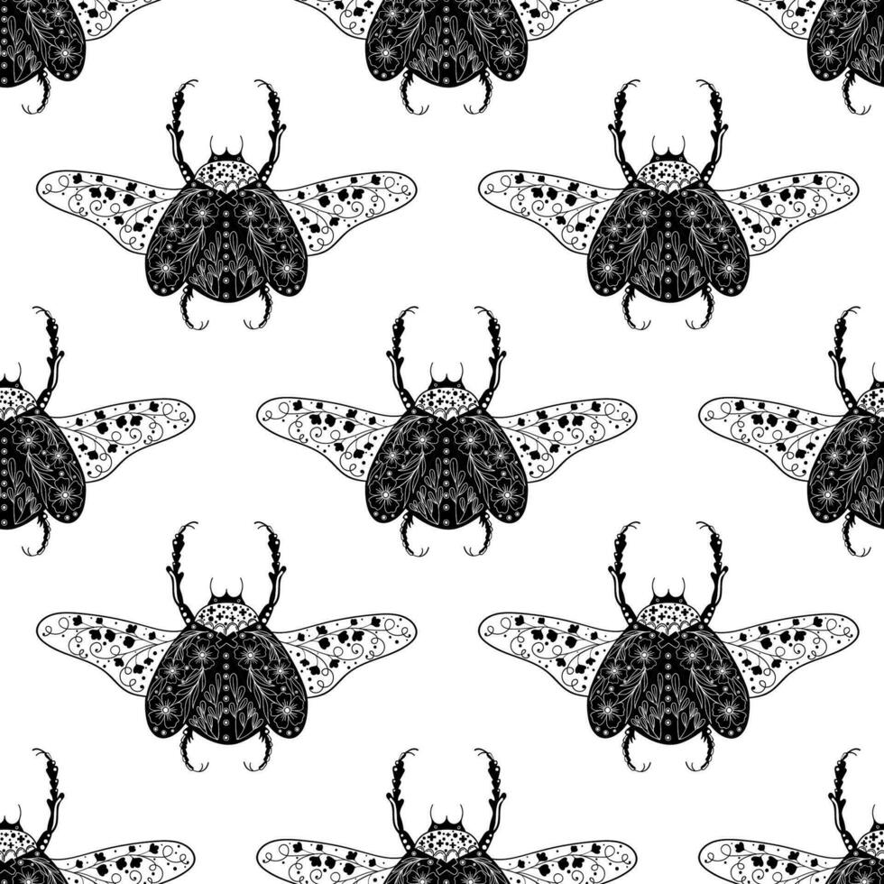 Beautiful big beetle with flowers. Lovely bugs by ink. Seamless pattern with cartoon element vector