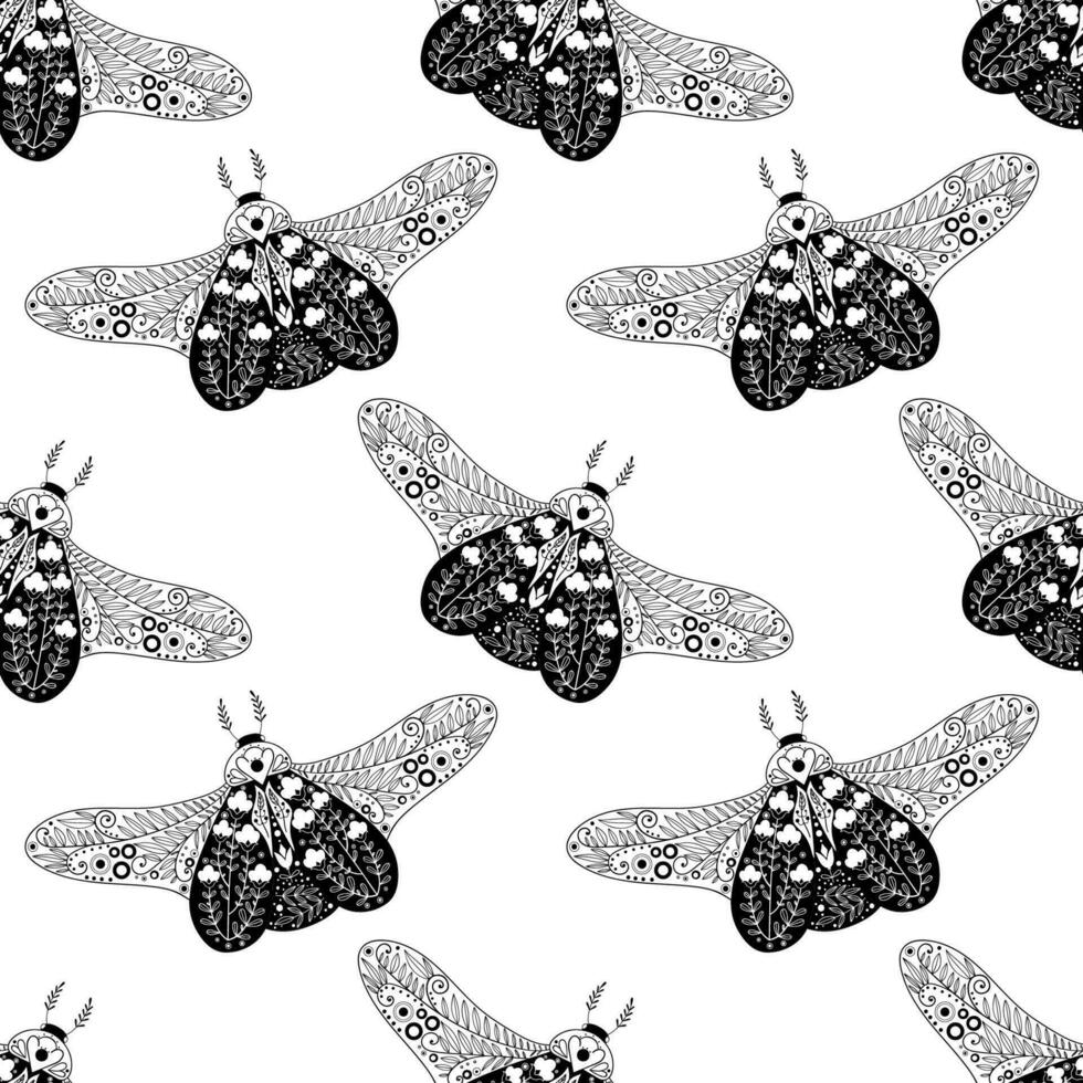 Beautiful beetles with flowers and plant by ink. Seamless pattern with cartoon elements. vector