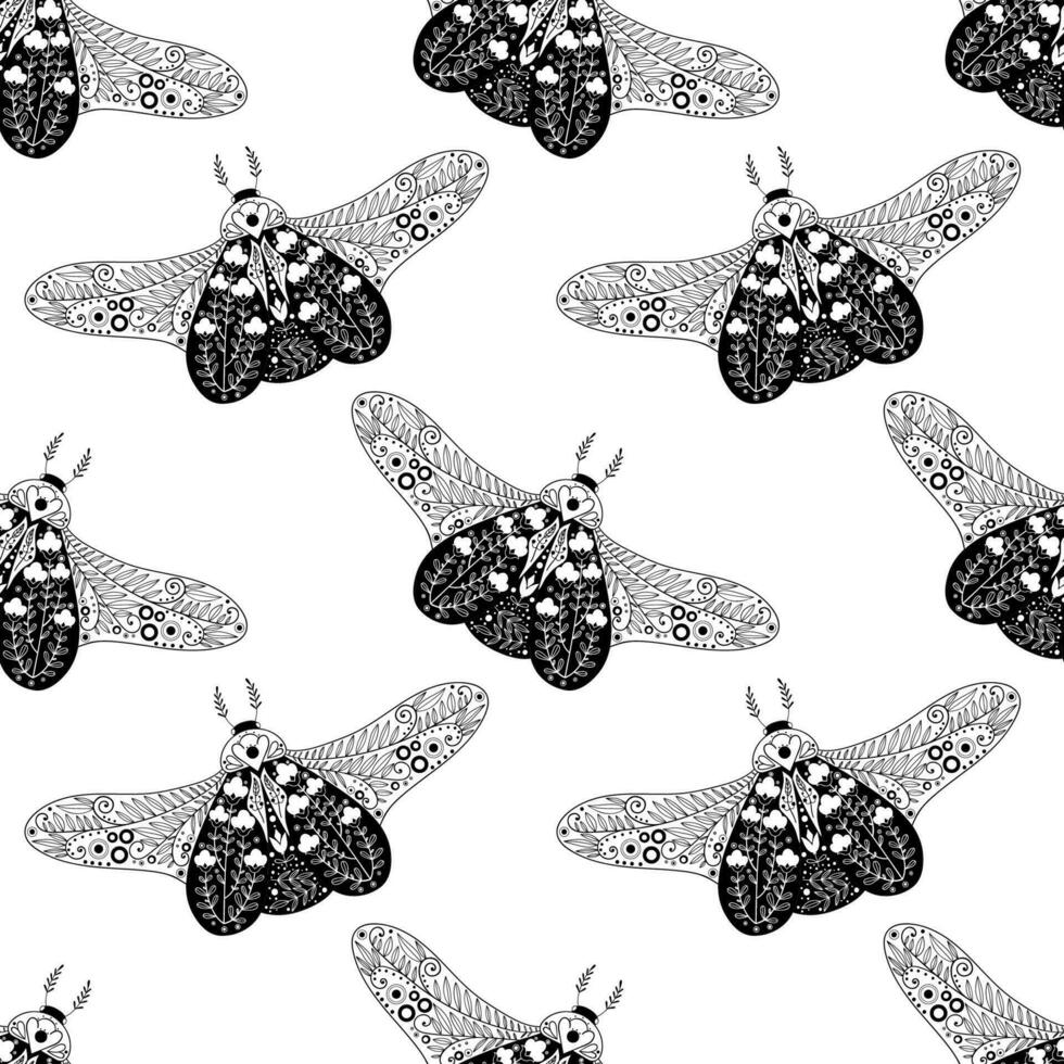 Beautiful beetles with flowers and plant by ink. Seamless pattern with cartoon elements. vector