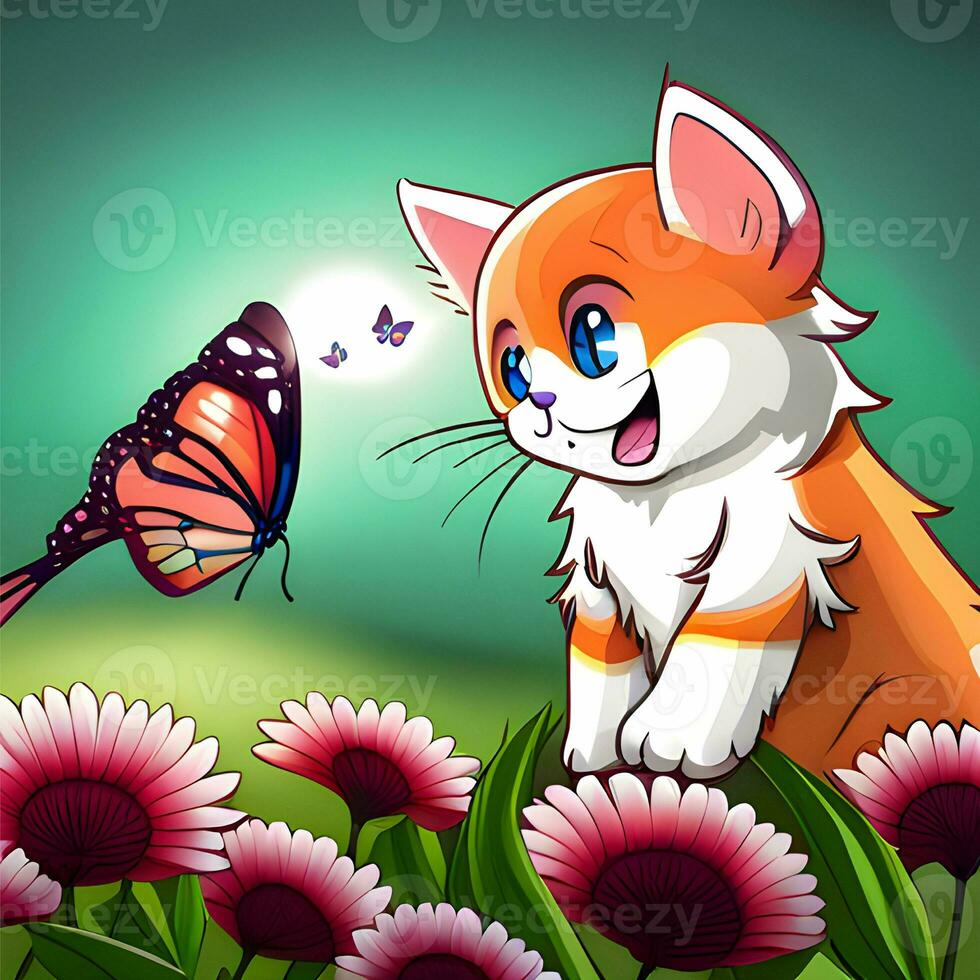 Cute Cat Playing With Butterfly Cartoon Vector Icon Illustration. Animal Nature . Flat Cartoon Style. print, clothe, shirt design. international cat day photo