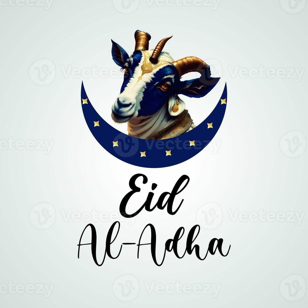 eid ul adha mubarak poster social media post.Islamic eid holiday, eid greeting. a goat face with a blue moon and golden stars with eid ul adha typography with white gradient background photo