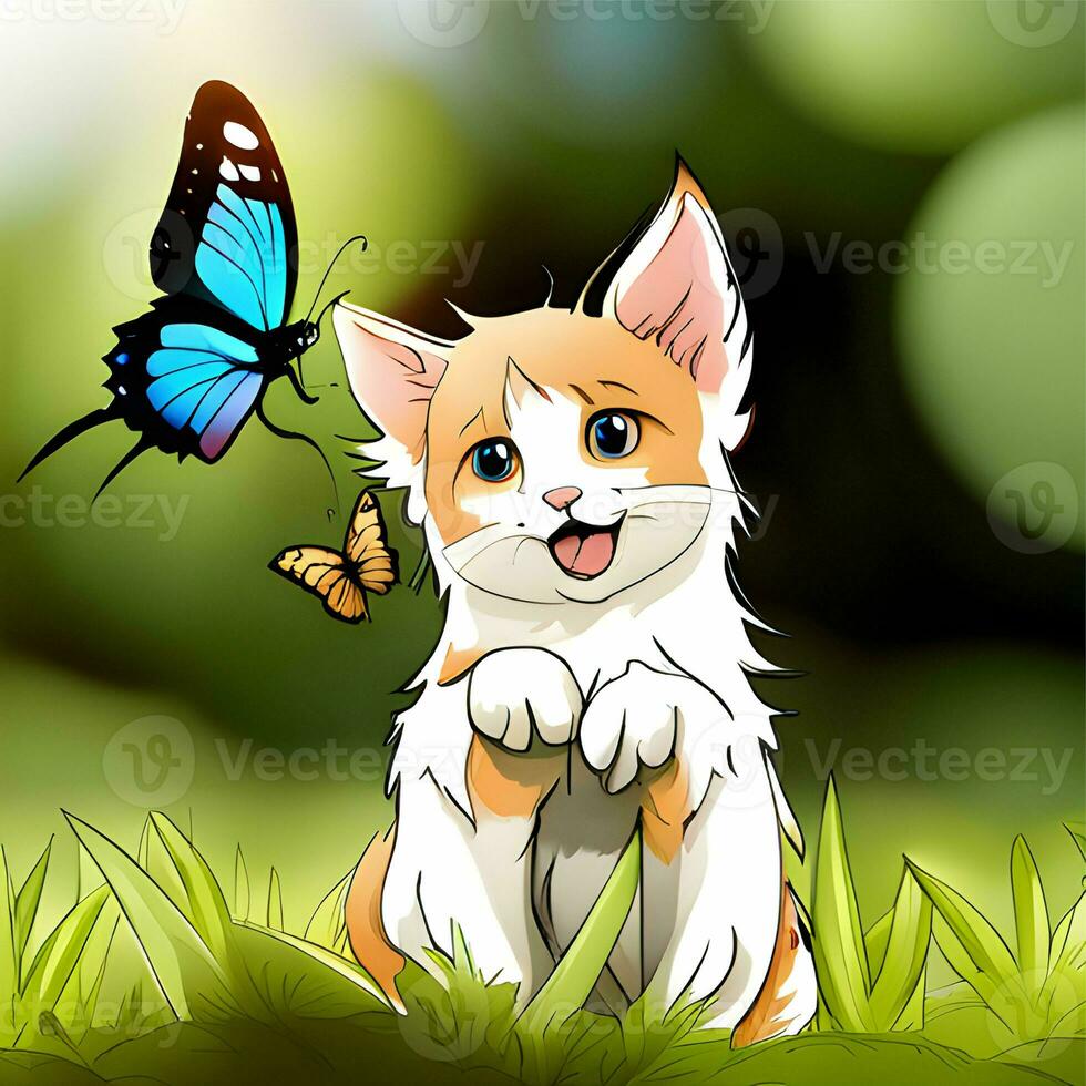 Cute Cat Playing With Butterfly Cartoon Vector Icon Illustration. Animal Nature . Flat Cartoon Style. print, clothe, shirt design. international cat day photo