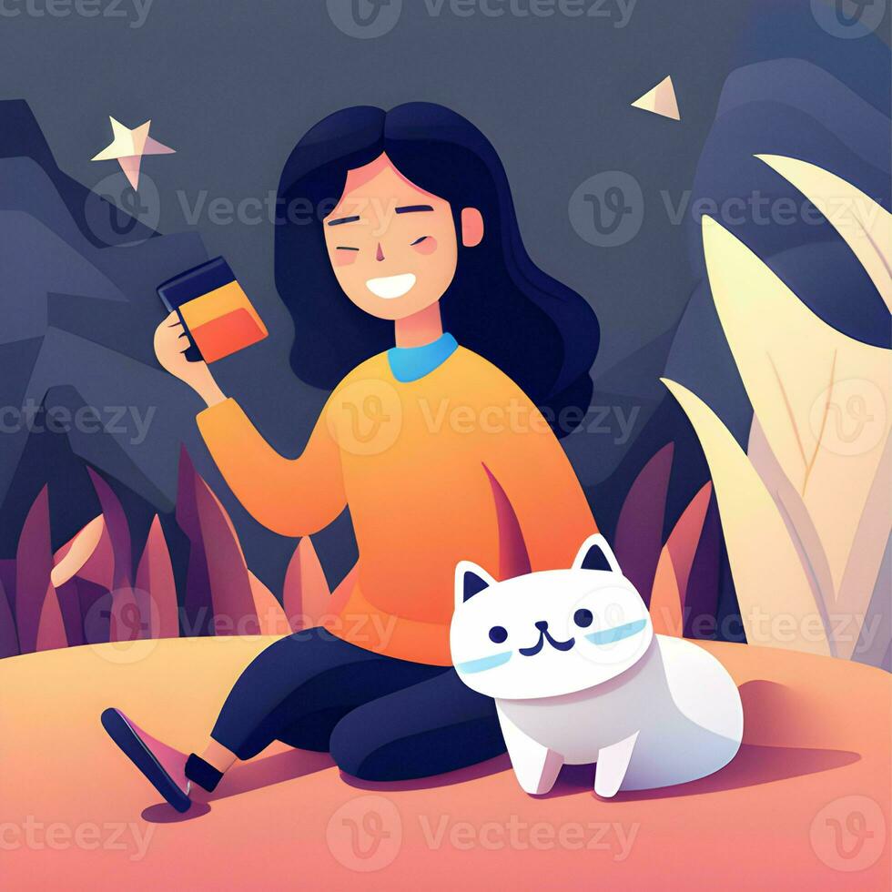 international cat day girl playing with cat illustration falt design photo