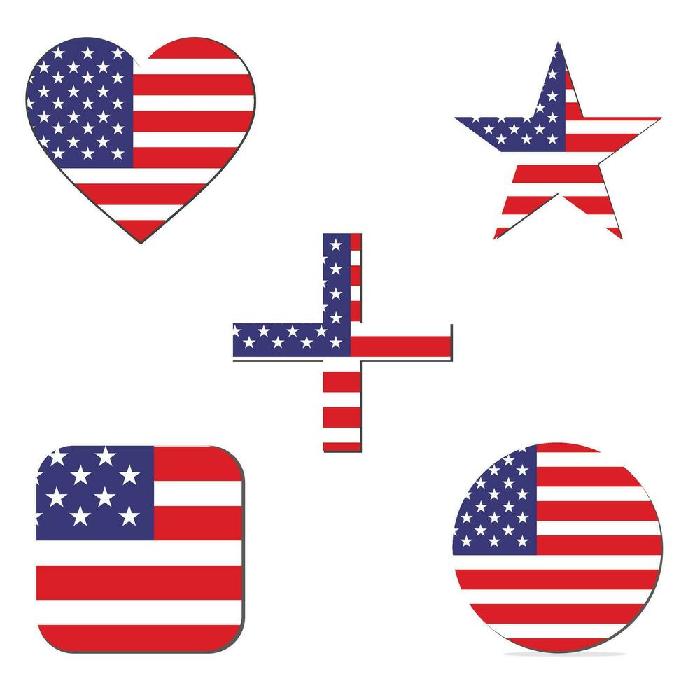 Various American flags set isolated on white background. Realistic american flag on  star, heart, circle,pole flag and different shapes labels. Patriotic USA 3d rendering symbols vector illustration.