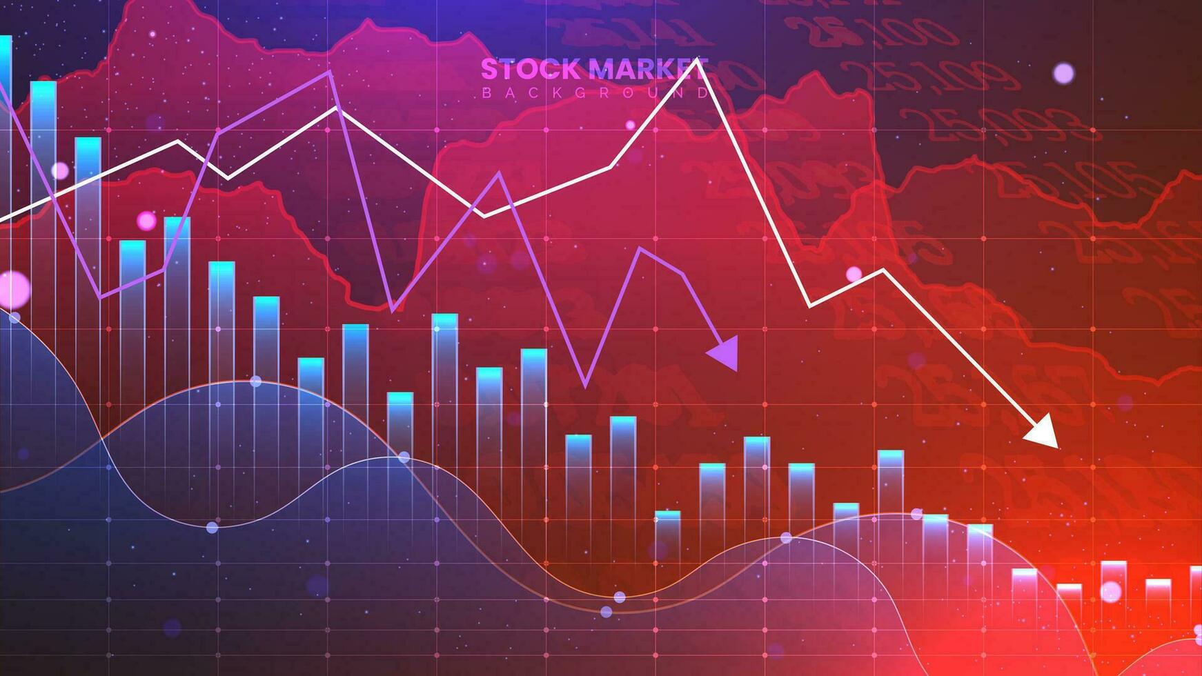 Declining stock market investment illustration, bankrupt financial information concept with arrows pointing down. Loss business statistics in red color vector