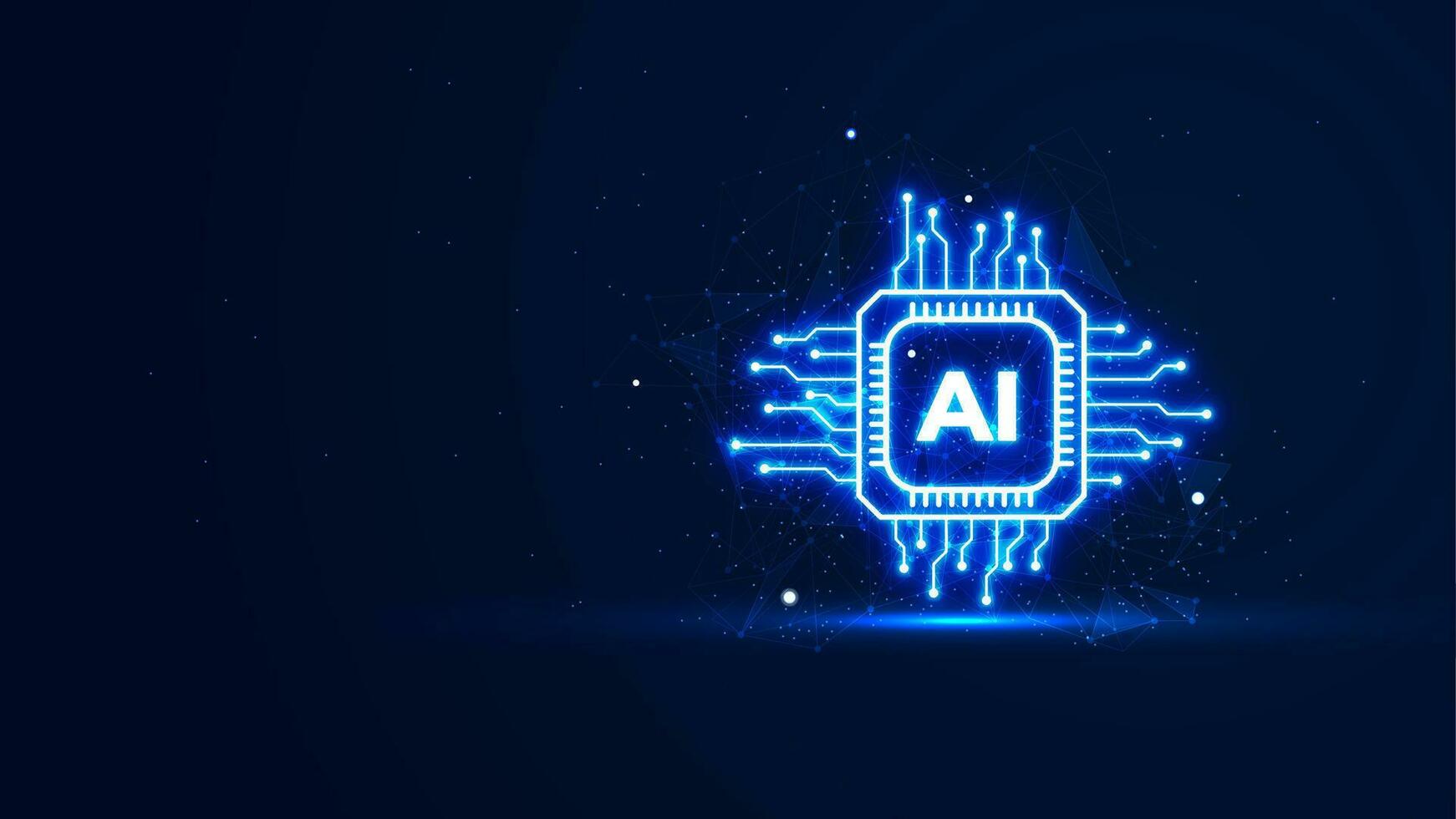Futuristic artificial intelligence concept in the neon light style. Digital technology background. Glowing AI chipset processor with plexus lines and glitter particles. vector