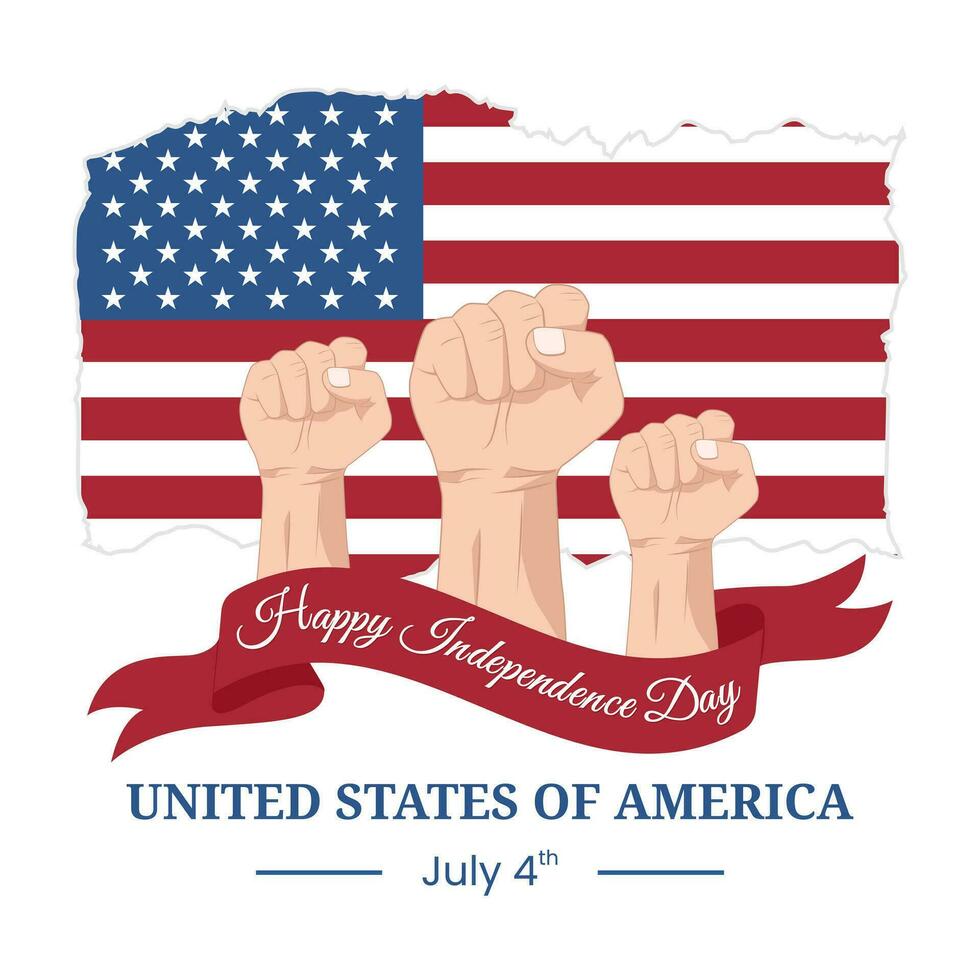 Vector graphic of America Independence Day artwork for greeting card with clenched fist, USA flag grunge texture brush