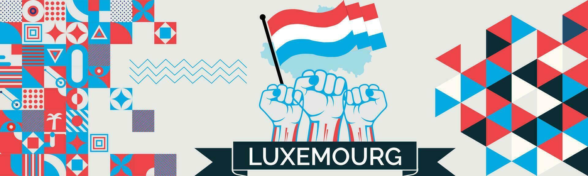 luxemburgo mapa y elevado puños nacional día o independencia día diseño para luxemburgo celebracion. moderno retro diseño con resumen iconos vector ilustración.