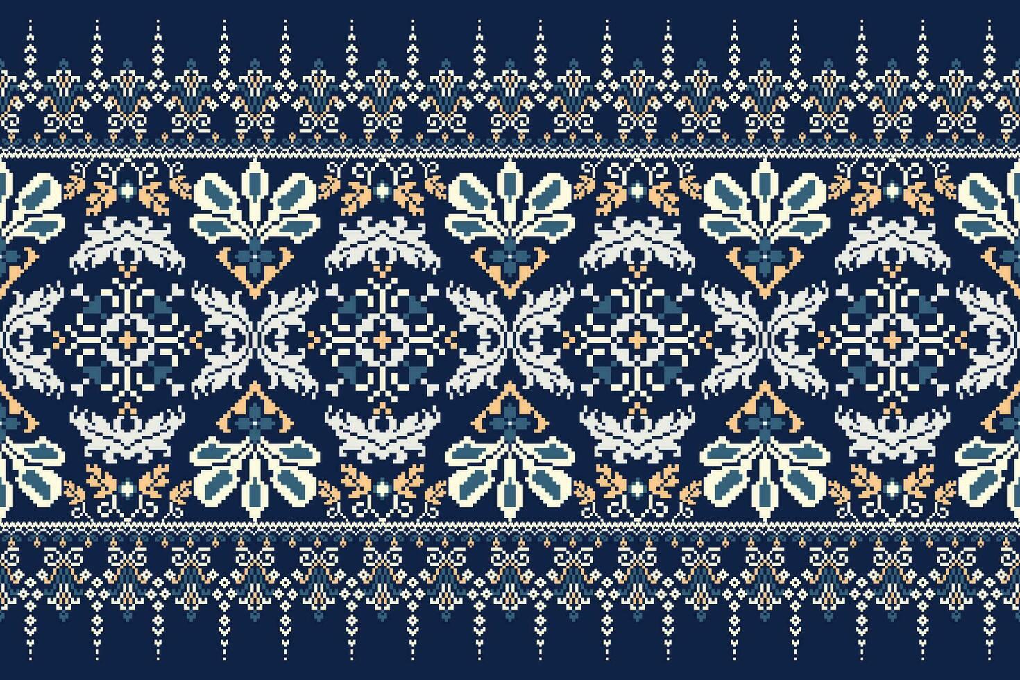 floral cruzar puntada bordado en Armada azul fondo.geometrico étnico oriental modelo tradicional.azteca estilo resumen vector ilustración.diseño para textura,tela,ropa,envoltura,decoración.
