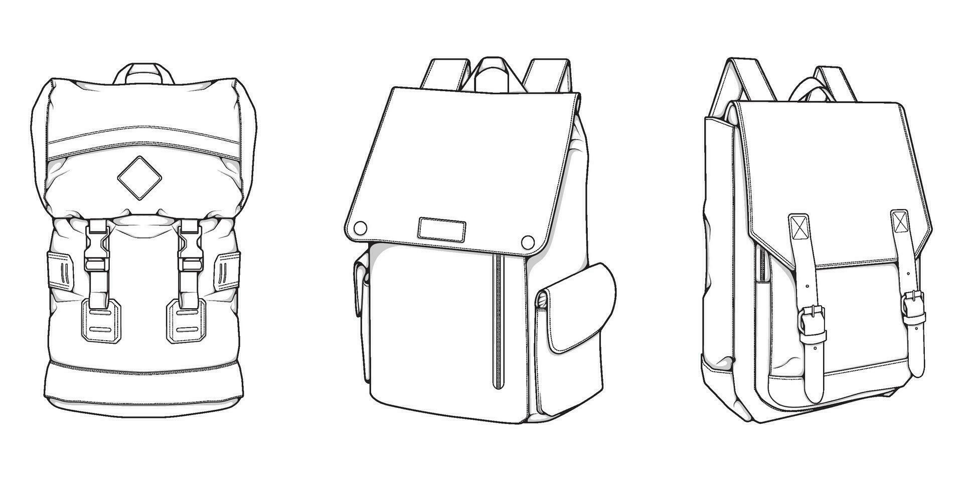 Hand drawn Vector Set of Backpacks. Cartoon Casual Backpack, cool