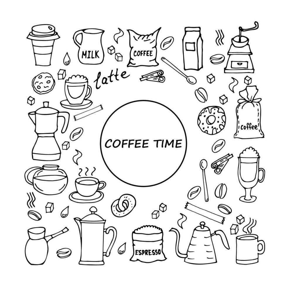 Hand drawn coffee sketch set drinks, cups, snacks, coffee utensils. Monochrome vector illustration for postcards, menus and decorations.