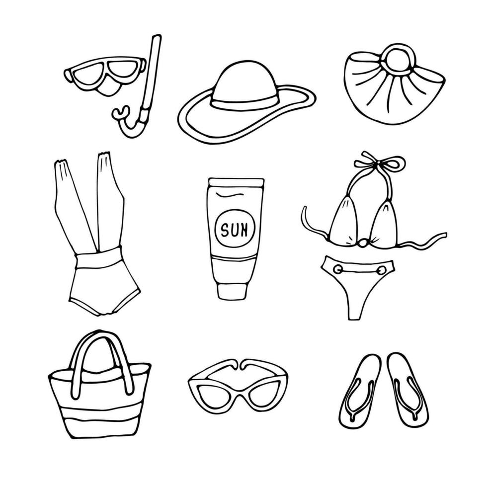 Set of summer beach elements in hand drawn doodle style. Collection of things for rest. Line stickers. Vector illustration isolated on white background.