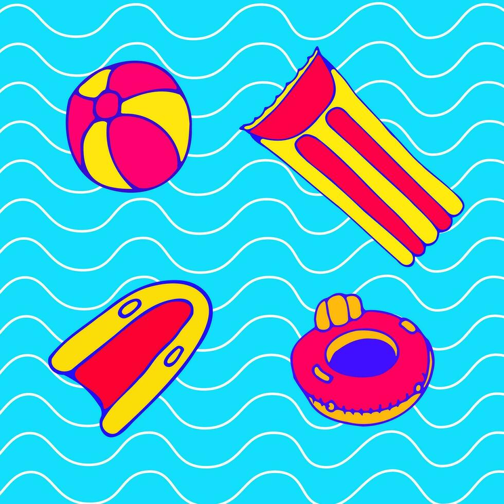 Cartoon summer elements for beach holidays. Set of vector illustrations of swimming aids, mattress, ball and circle for swimming.