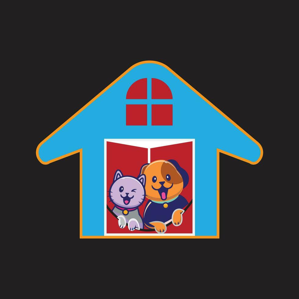 Vector cute cat and dog cartoon or dog house logo concept