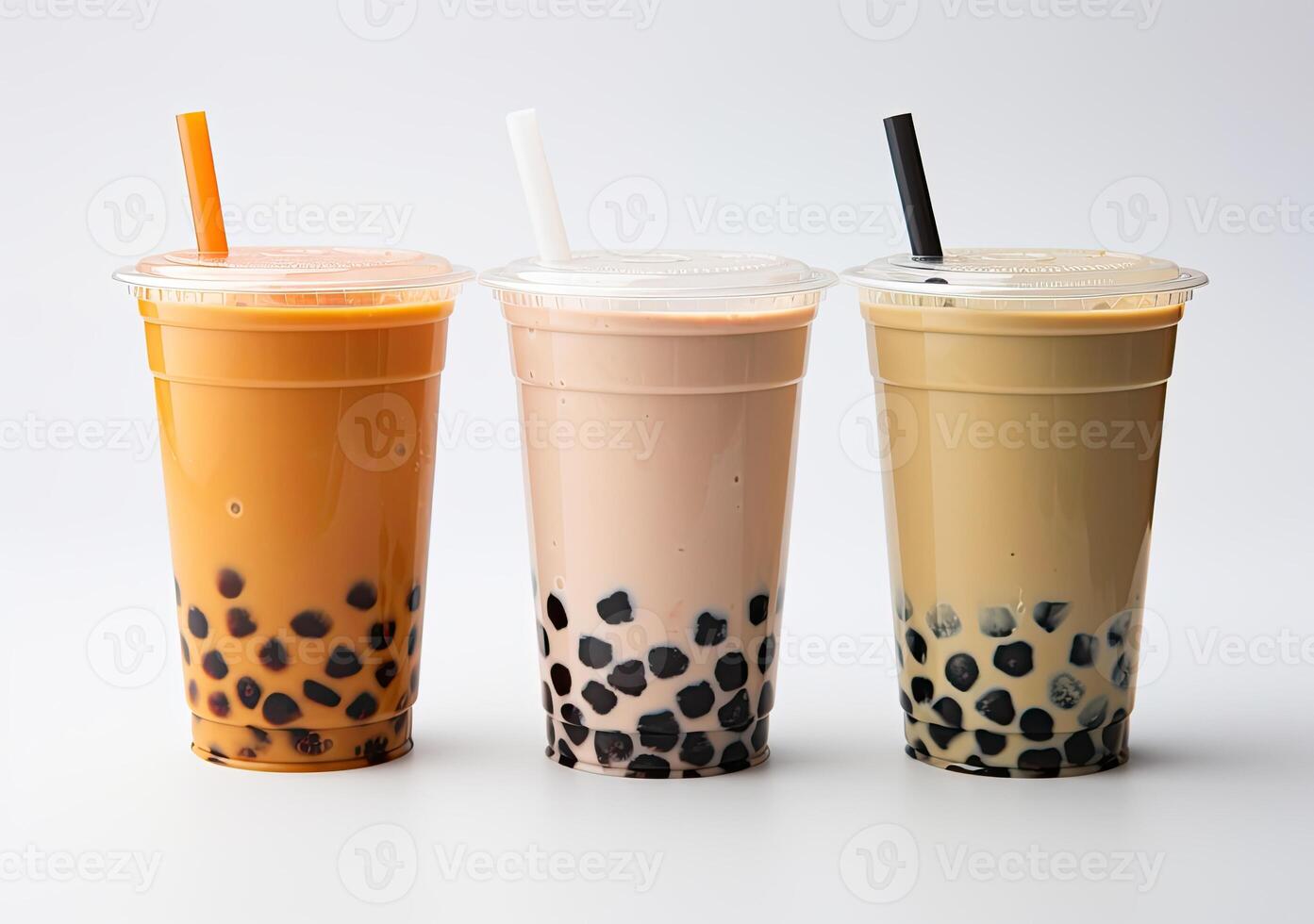 illustration of product photo of 3 plastic cups of boba milk tea, with bubbles, fun, solid soft pastel background