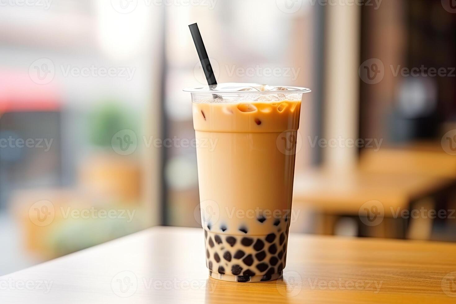 illustration of Taiwan boba milk tea with bubble on wood table photo