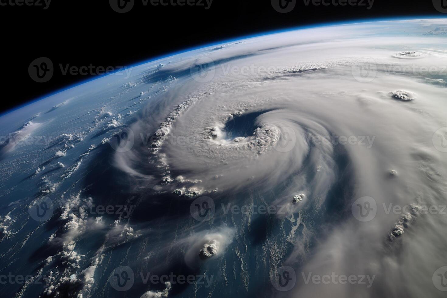 illustration of a mesmerizing top down view of a hurricane, capturing its raw power and beauty. The swirling clouds and intense lighting create a captivating pattern photo