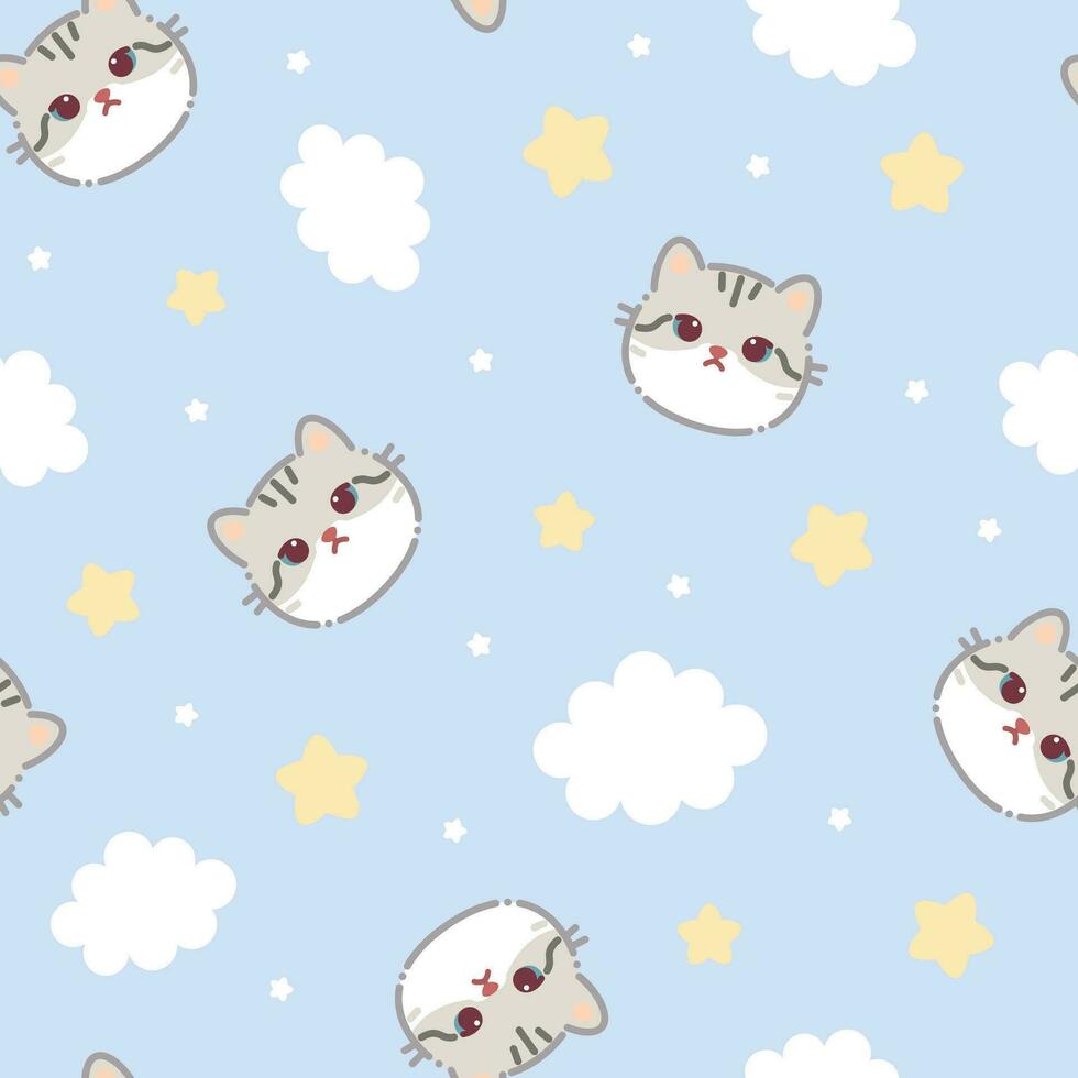 Blue pattern with white grey cat face, clouds and stars vector