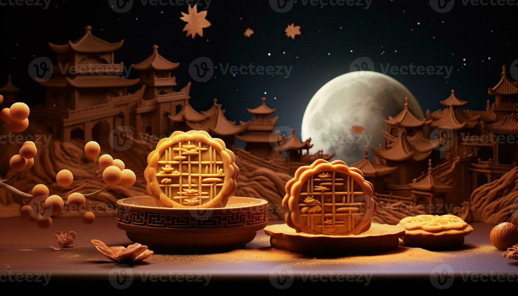 Generative AI illustration of Chinese Mid Autumn Festival moon cakes arranged on a traditional Chinese porcelain plate, set on a rustic wooden table photo