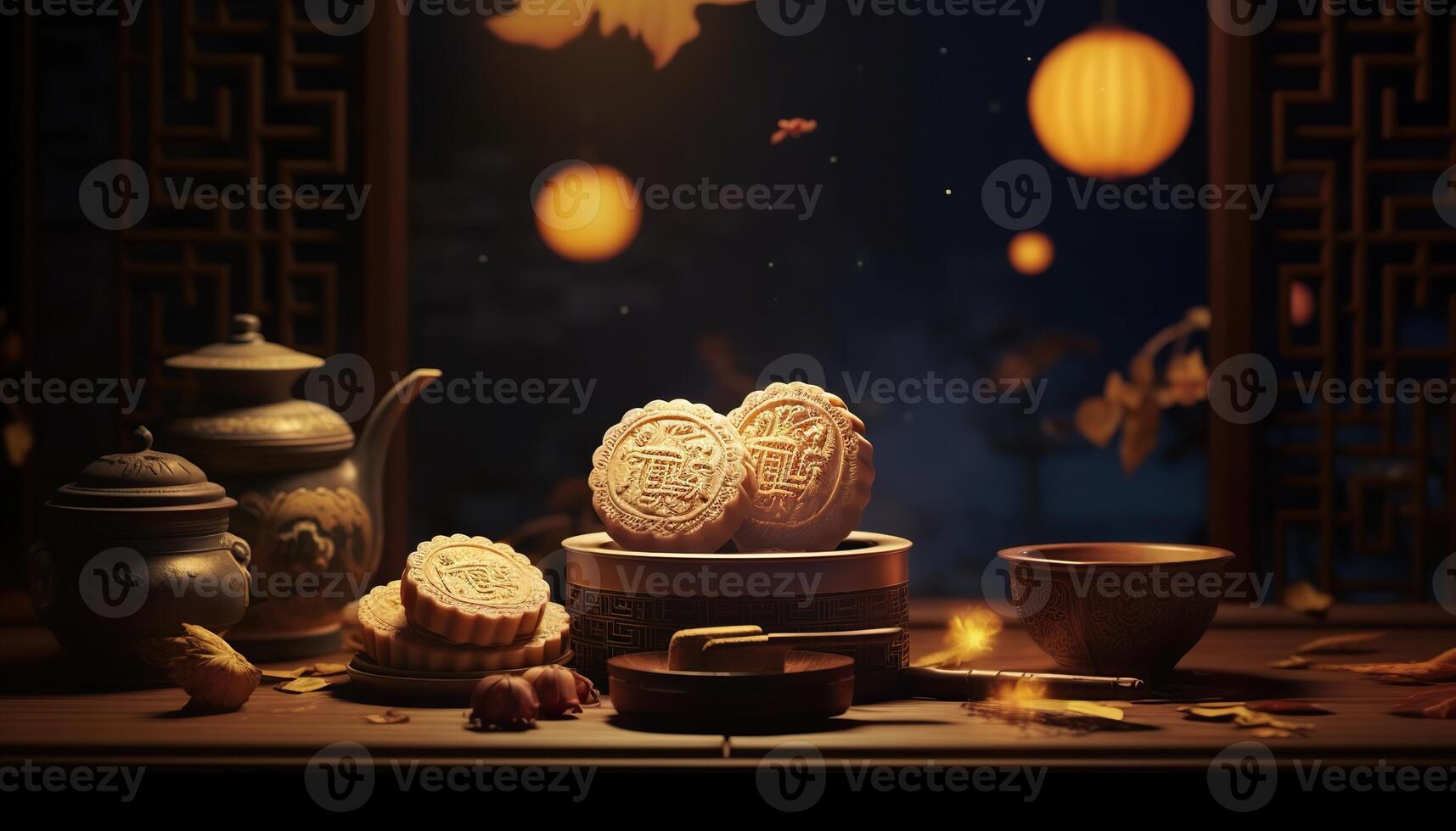 illustration of Chinese Mid Autumn Festival moon cakes arranged on a traditional Chinese porcelain plate, set on a rustic wooden table photo
