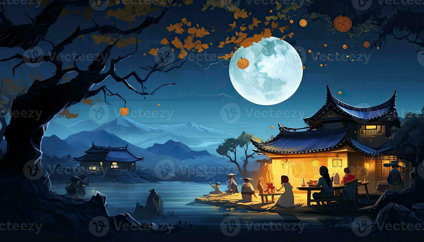 Generative AI illustration of a rural setting during the Mid Autumn Festival. Show a family sitting outside their traditional house, sharing moon cakes and stories under a tree photo
