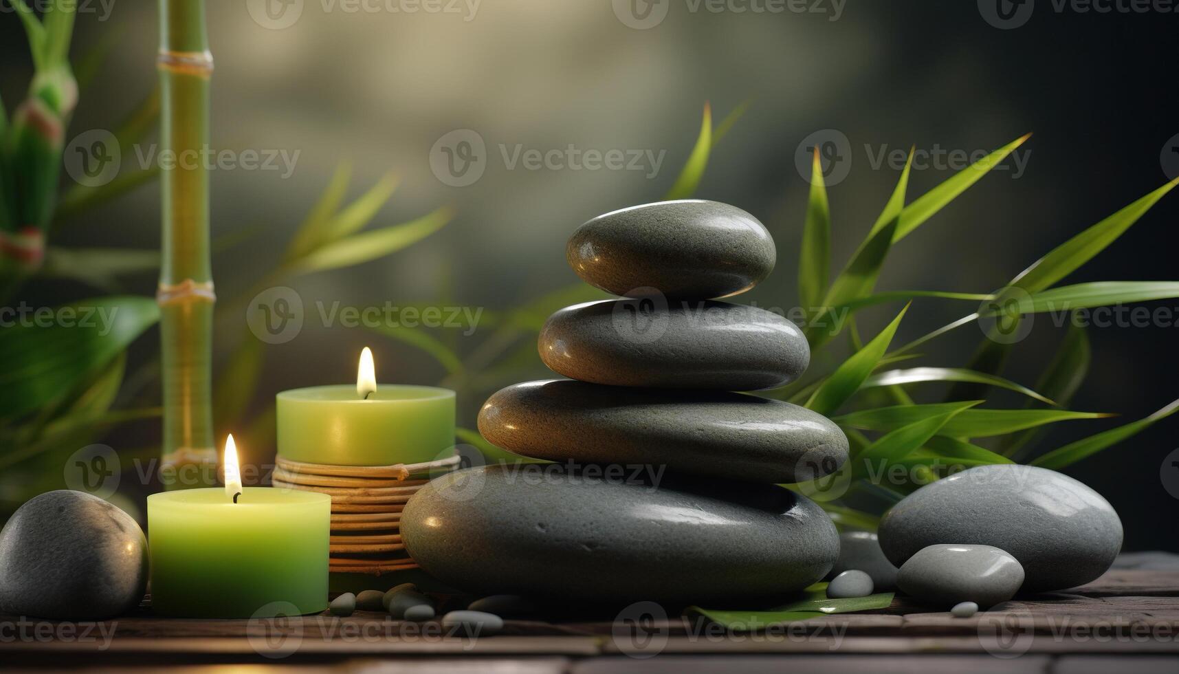 illustration of zen relaxation spa. Beauty salon and massage atmosphere. Banner with bamboos, candles and stacked stones. Calm and relaxing atmosphere photo