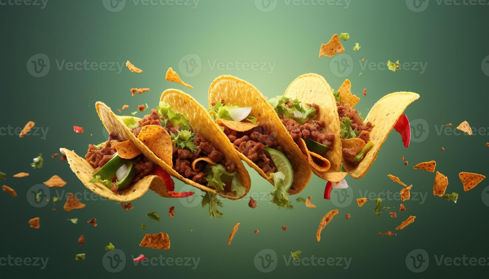 illustration of flying tacos for food commercial, blank background photo