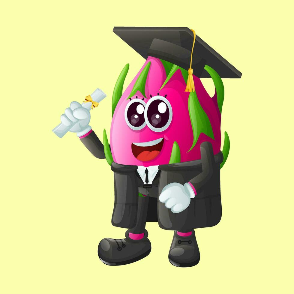 Cute dragon fruit character wearing a graduation cap and holding a diploma vector