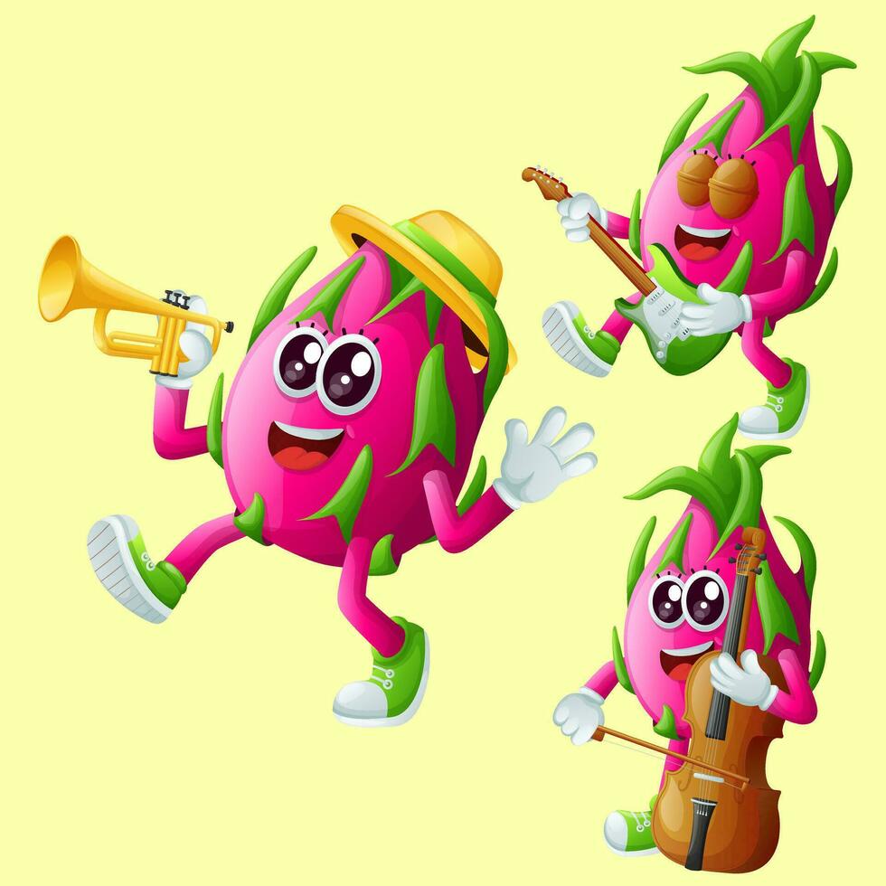 Cute dragon fruit characters playing musical instruments vector