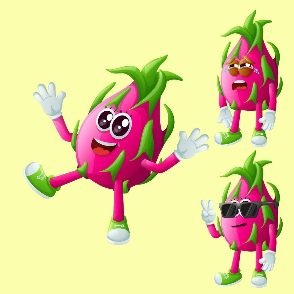 Cute dragon fruit characters with emoticon faces vector