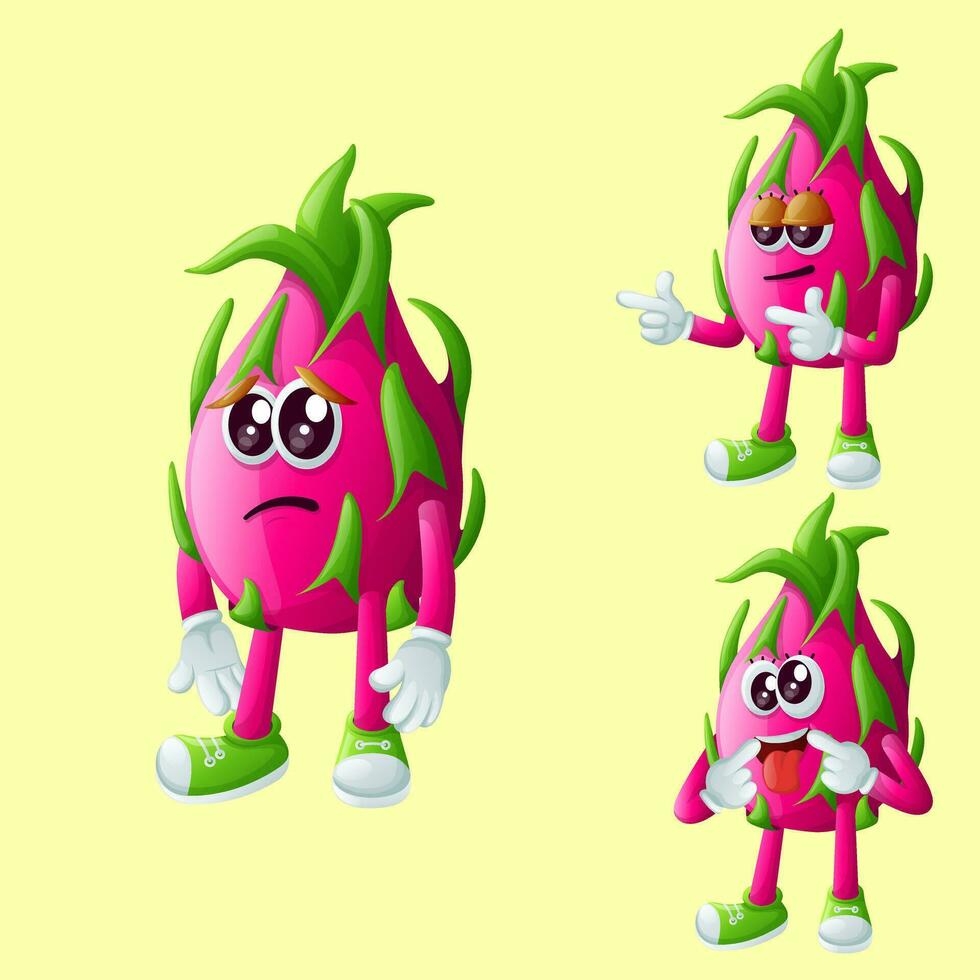 Cute dragon fruit characters with different facial expressions vector