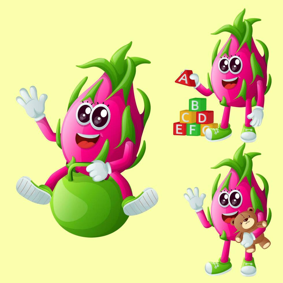 Cute dragon fruit characters playing with kid toys vector