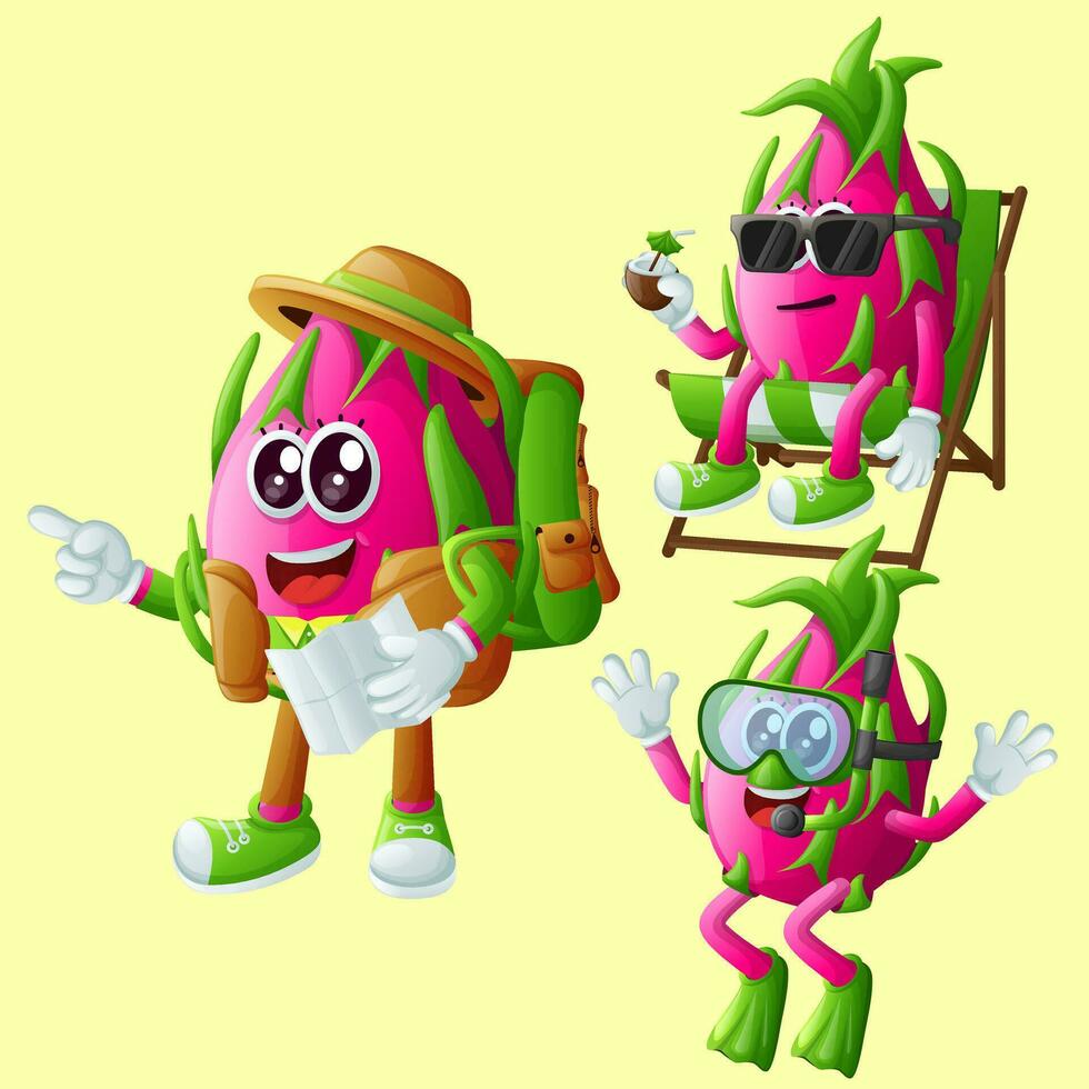 Cute dragon fruit characters on vacation vector