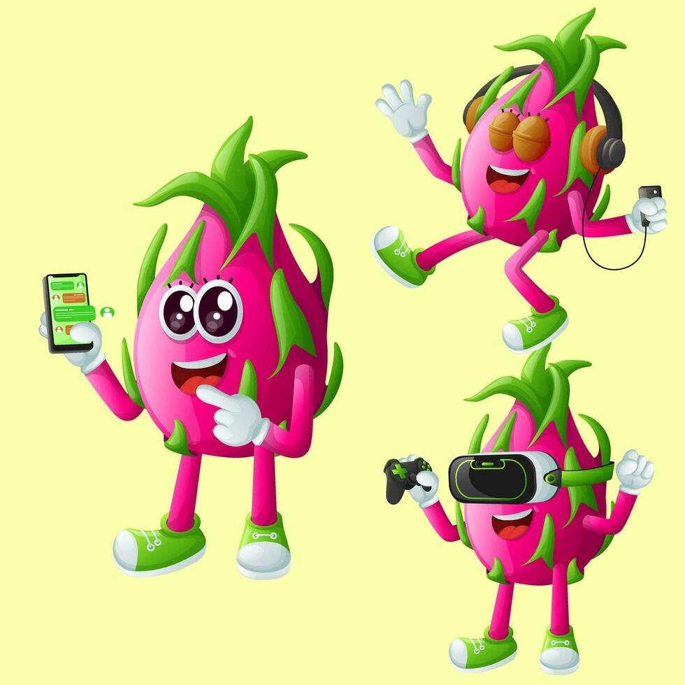 Cute dragon fruit characters and technology vector