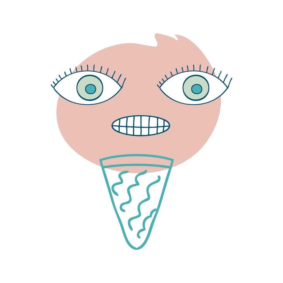 Crazy face ice cream cone character with doodle eyes in retro style. Perfect print for tee, sticker, poster. vector