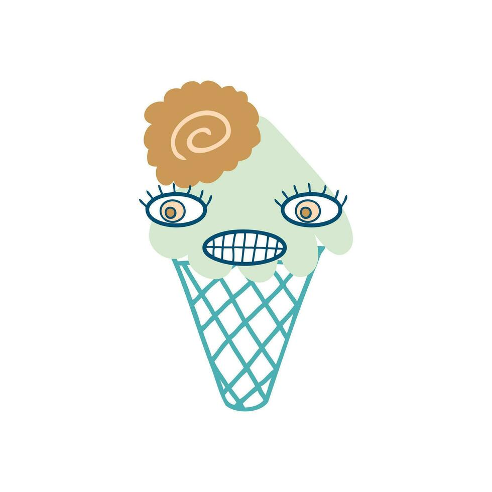 Crazy giggle face mint ice cream cone character with chocolate cookie. Perfect print for tee, sticker, poster. vector