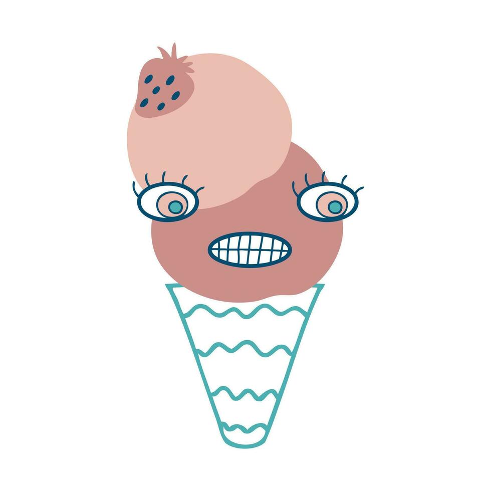 Crazy giggle face strawberry ice cream cone character. Perfect print for tee, sticker, poster. vector