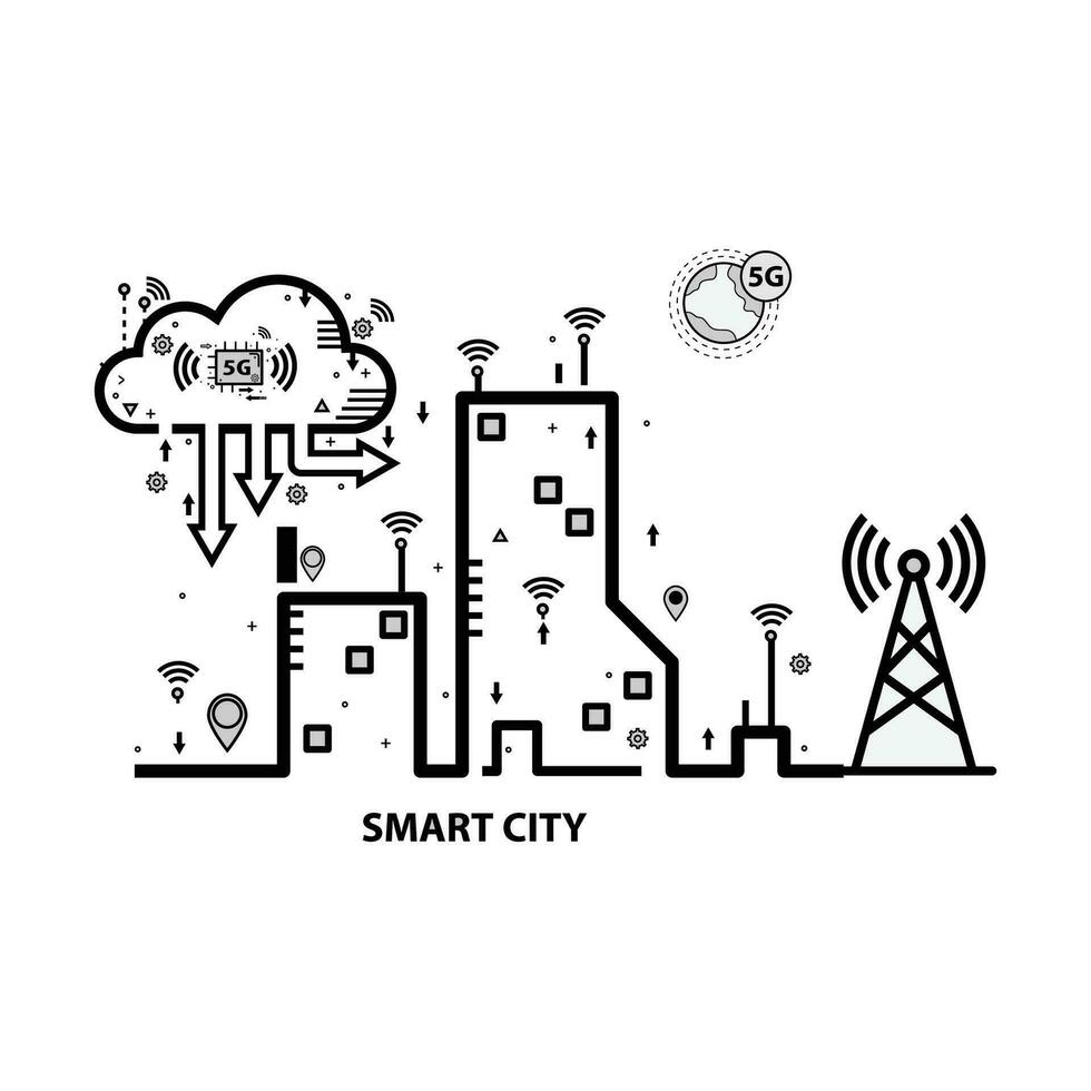 5G connectivity for urban IOT signal network streaming outline concept. generation internet vector illustration in black and white colors on a white background. Modern data download Generative AI.