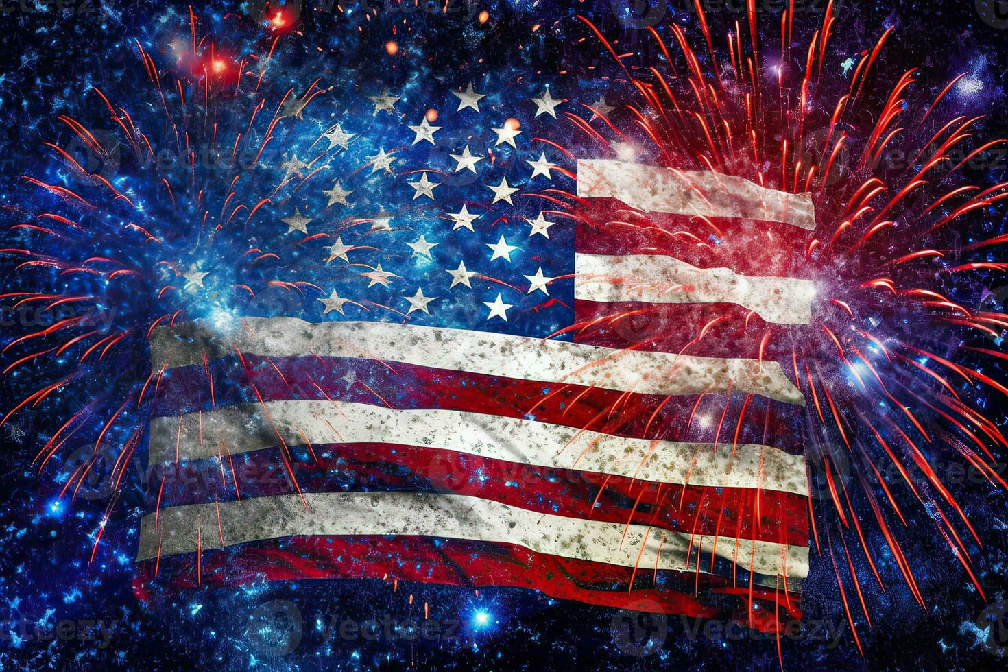 Generative AI illustration of united states of america Flag, usa flag, fireworks and bokeh background. Concept National holidays, Flag Day, Veterans Day, Memorial Day, Independence Day, Patriot Day photo