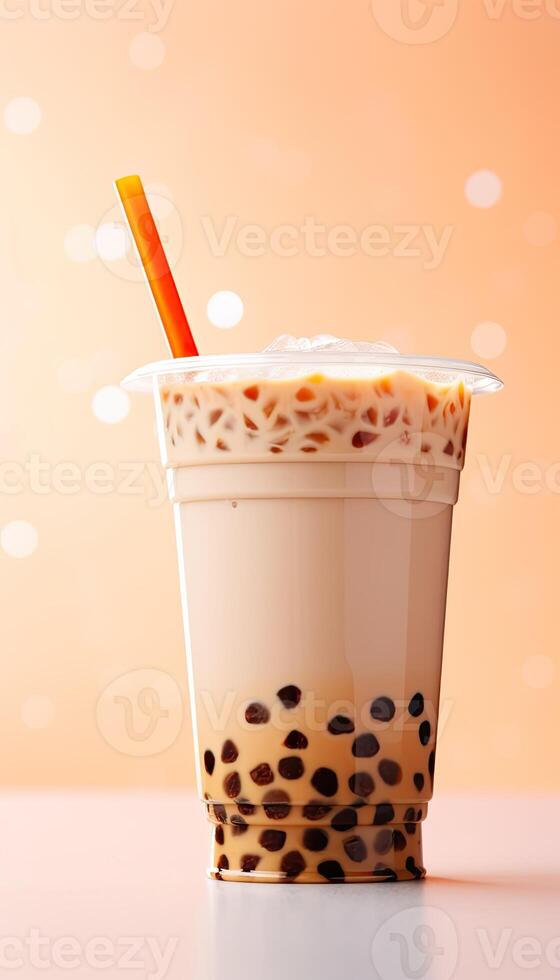 Generative AI illustration of product photo plastic cup of boba milk tea, with bubbles, fun, pastel background