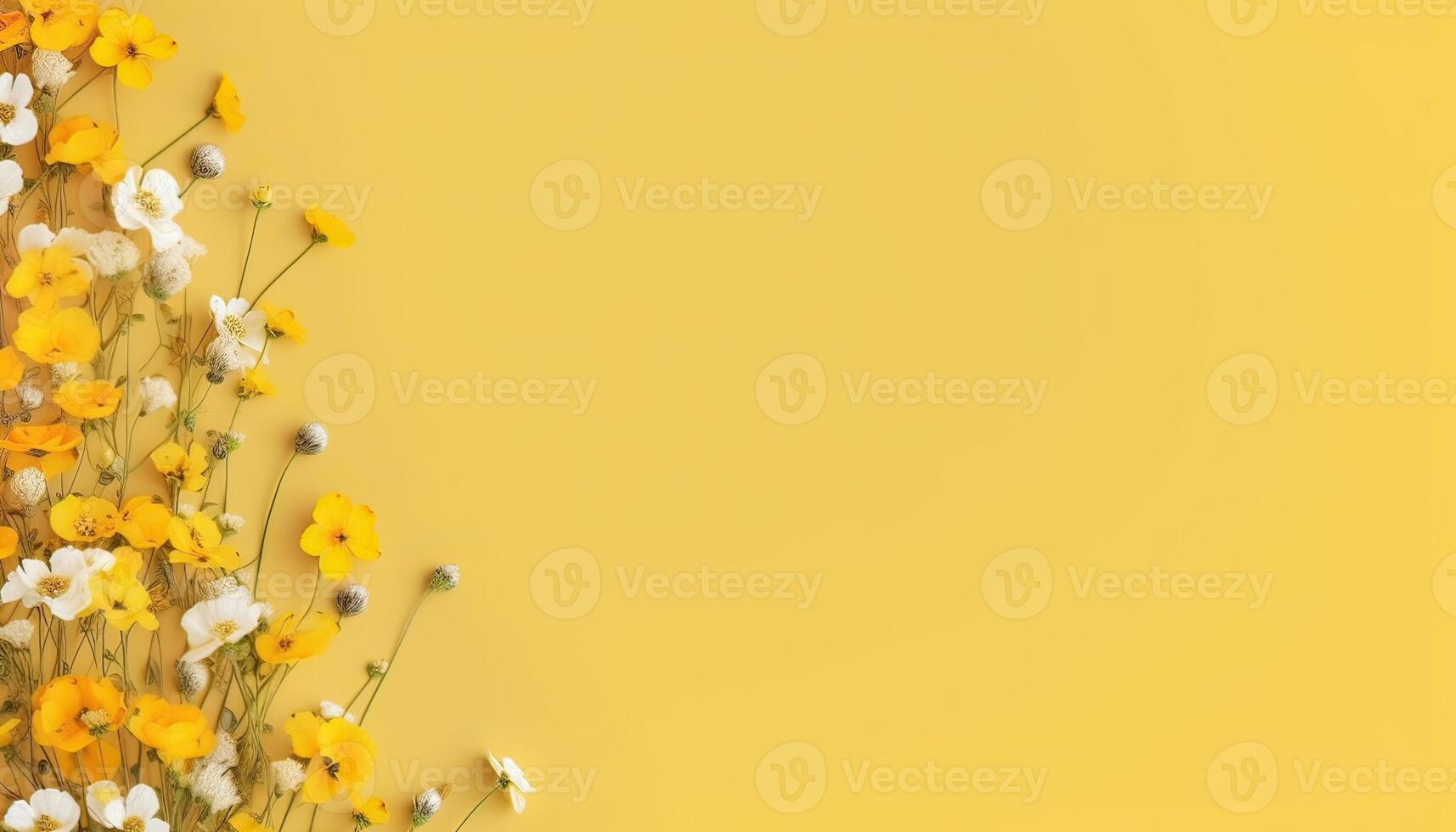 illustration of many small beautiful yellow flower blossoms on yellow pastel background with copy space photo