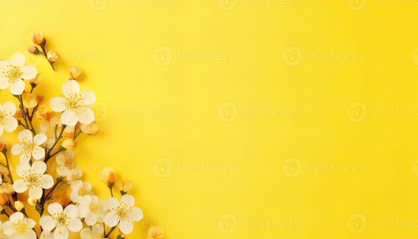 illustration of many small beautiful yellow flower blossoms on yellow pastel background with copy space photo